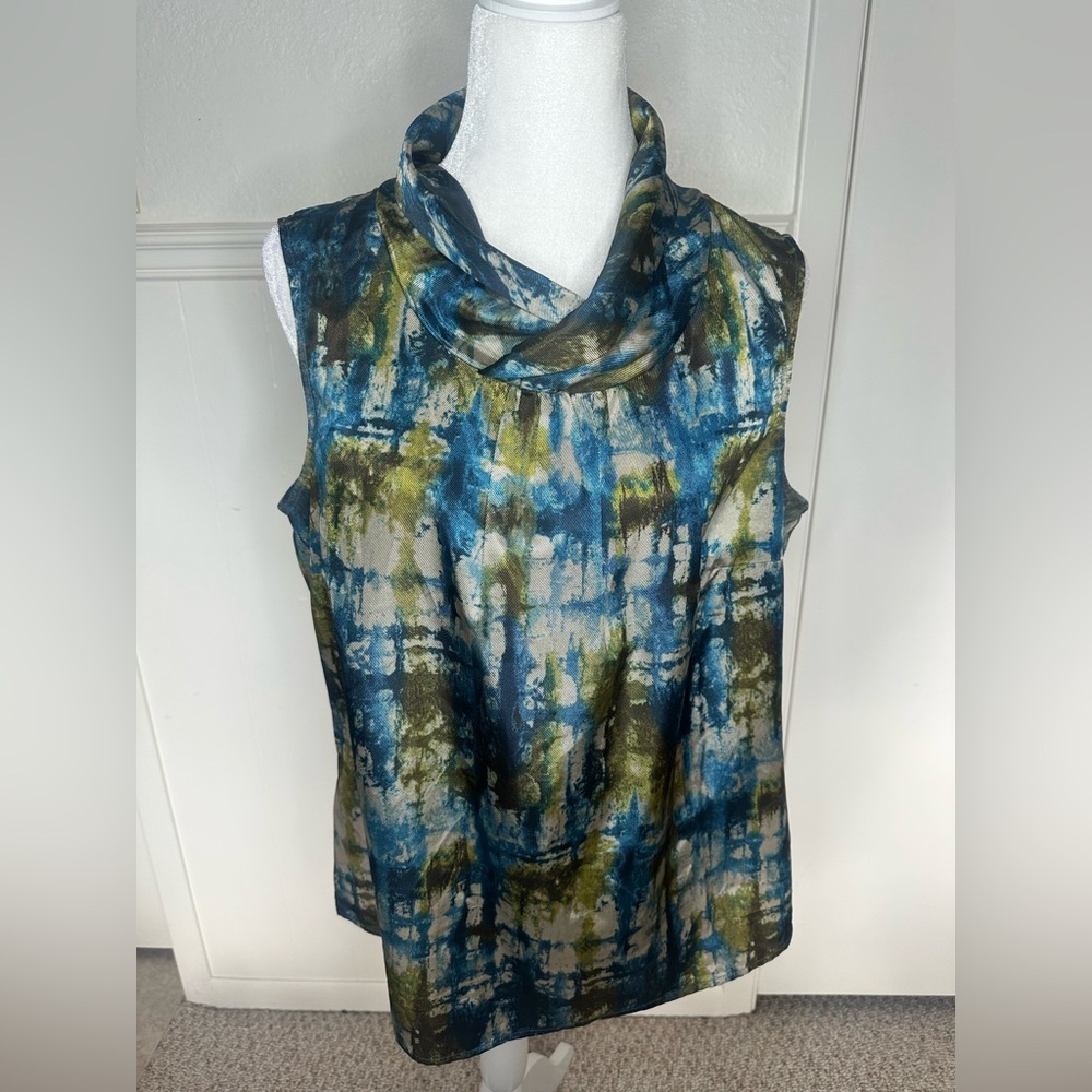 Coldwater Creek Blue Green Abstract Sleeveless Cowl Neck Top